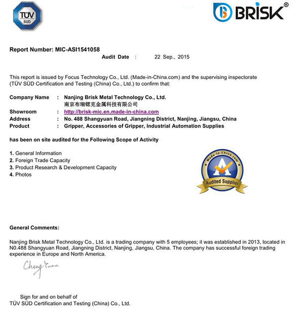China Nanjing Brisk Metal Technology Co., Ltd. Certificações